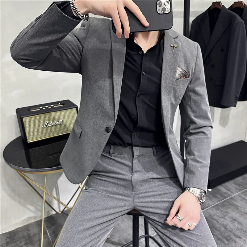 plain two piece suit, slim fit men’s suit, elegant formal suit, classic men’s suit, modern men’s suit