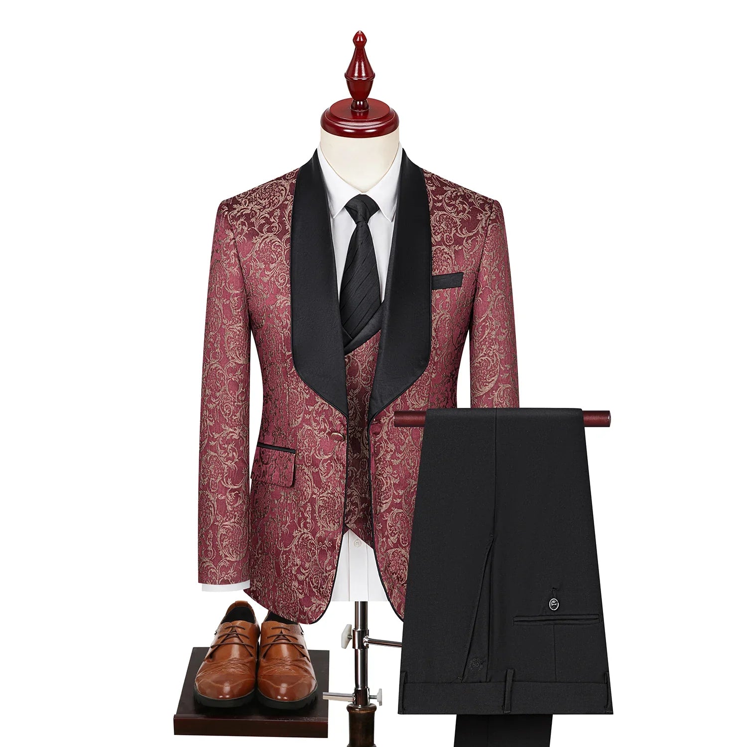 patterned tuxedo, luxury men’s tuxedo, satin lapel tuxedo, formal three piece suit, elegant men’s suit