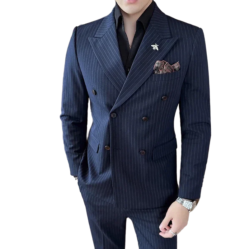 suit, striped suit, slim fit men’s suit, men’s suit, Men's Striped Suit, Men's Double-Breasted Suit, Men's Double-Breasted Striped Suit, elegant men’s suit, double-breasted suit, Double-Breasted Striped Suit