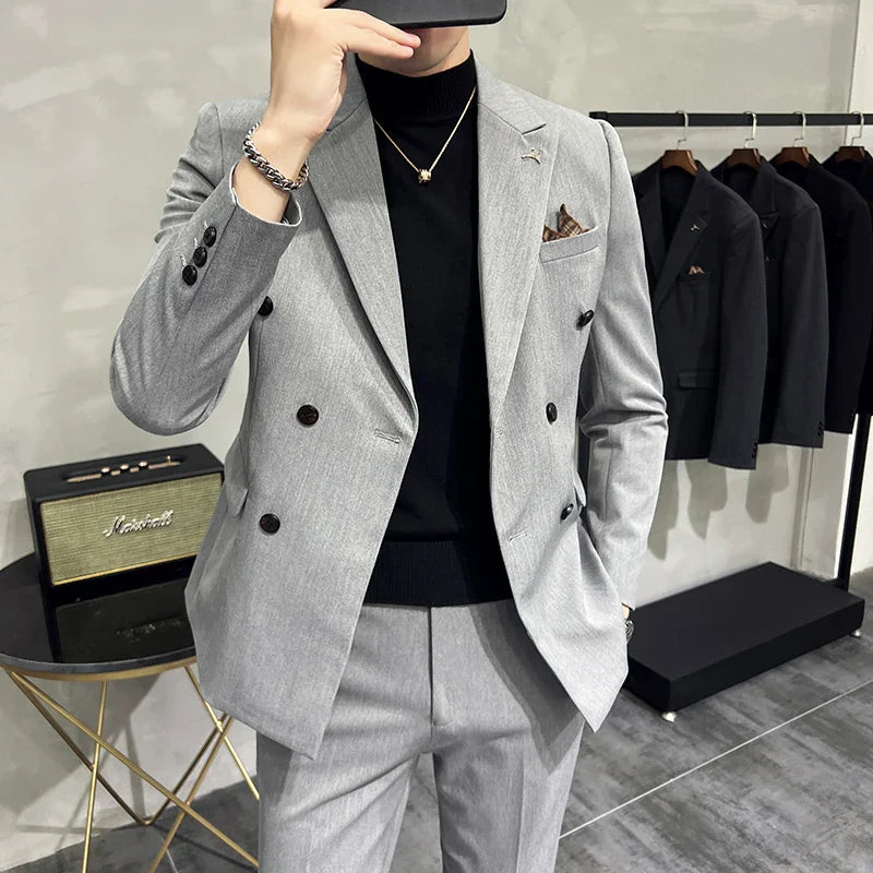 double-breasted men’s suit, solid grey suit, slim fit formal suit, elegant men’s outfit, Maximus menswear