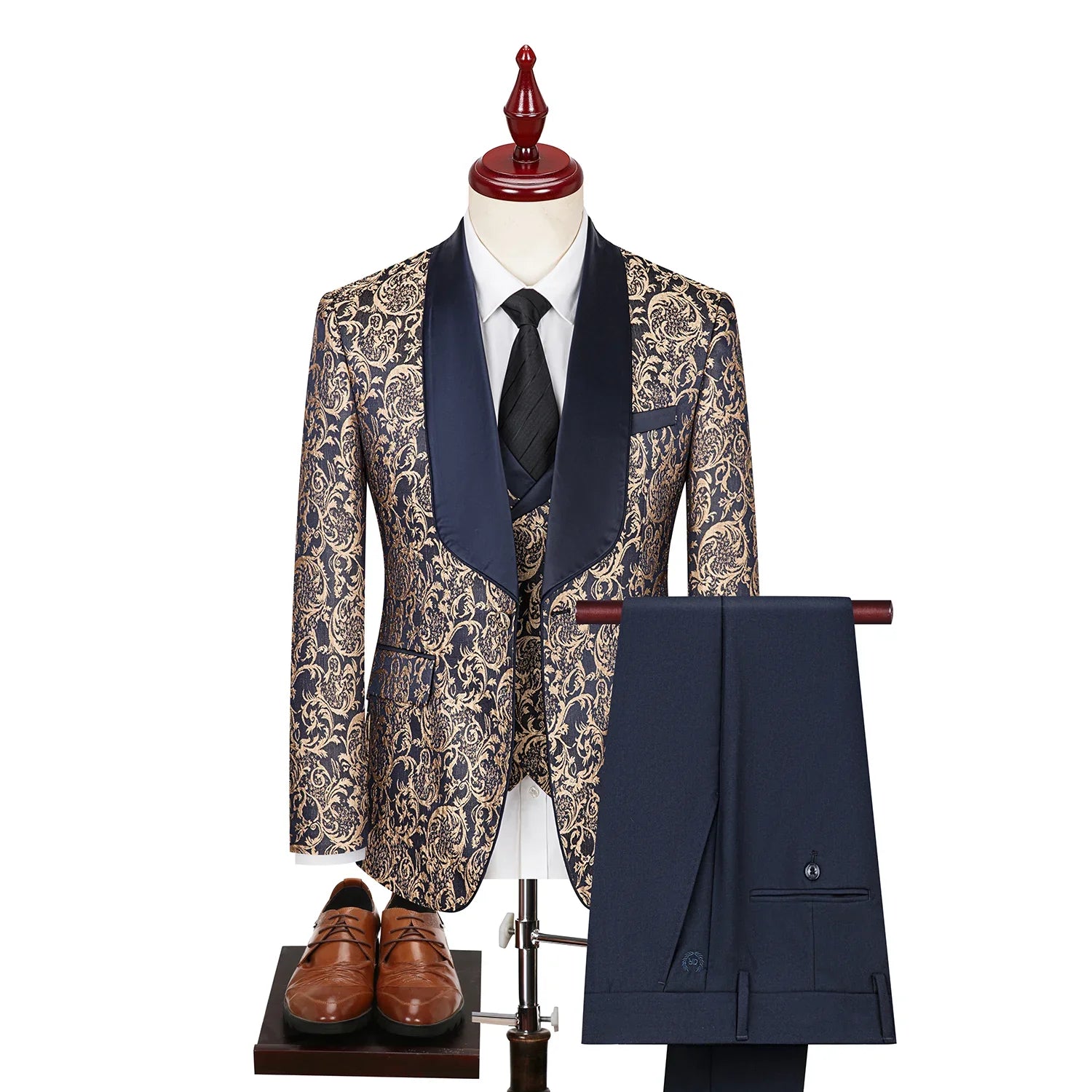 patterned tuxedo, luxury men’s tuxedo, satin lapel tuxedo, formal three piece suit, elegant men’s suit