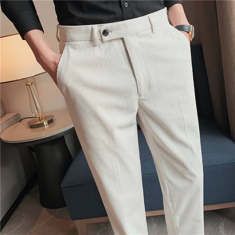 men's tailored trousers, men's corduroy pants, suede style pants, men's dress pants, elegant men's fashion