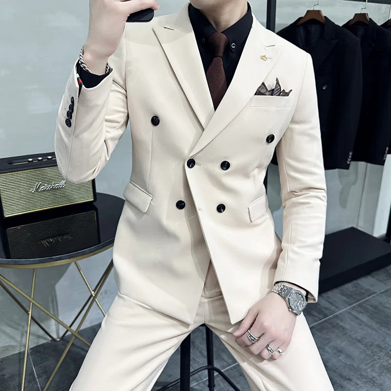 elegant double breasted suit, slim fit men’s suit, formal two piece suit, refined men’s suit, stylish men’s suit