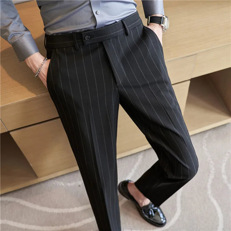 men’s pinstripe tailored trousers, slim fit dress trousers, formal men’s pants, men’s suit trousers, classic pinstripe trousers