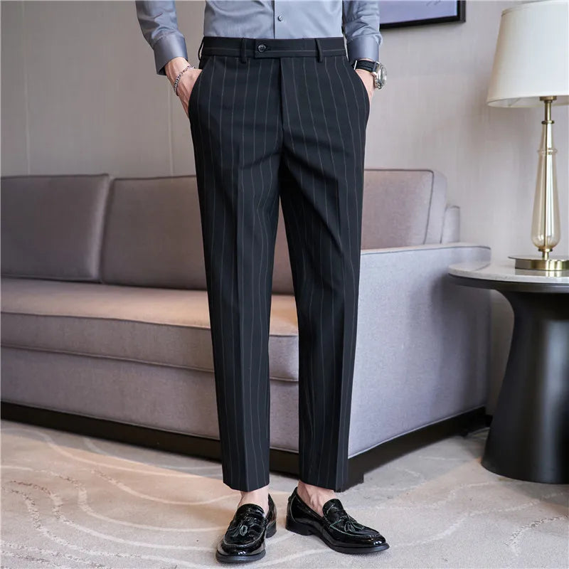 men’s pinstripe tailored trousers, slim fit dress trousers, formal men’s pants, men’s suit trousers, classic pinstripe trousers