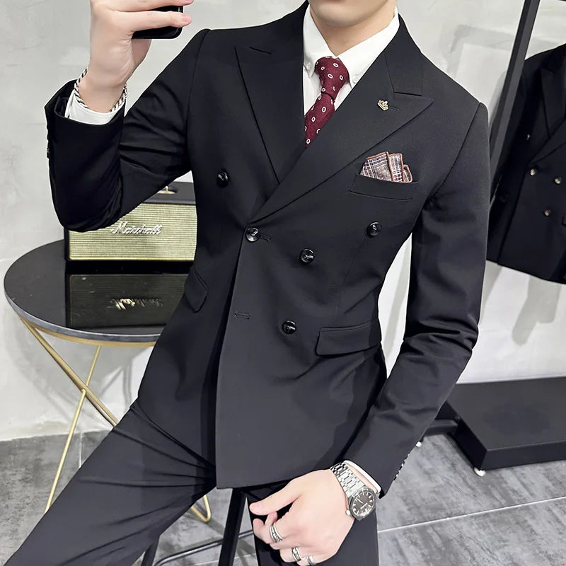 elegant double breasted suit, slim fit men’s suit, formal two piece suit, refined men’s suit, stylish men’s suit