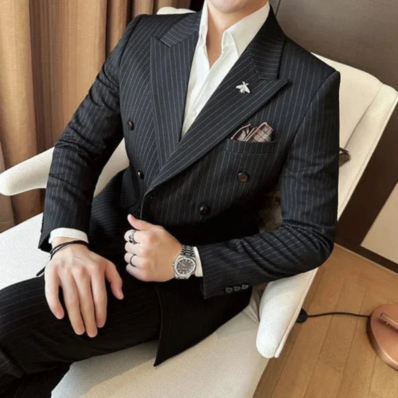suit, striped suit, slim fit men’s suit, men’s suit, Men's Striped Suit, Men's Double-Breasted Suit, Men's Double-Breasted Striped Suit, elegant men’s suit, double-breasted suit, Double-Breasted Striped Suit