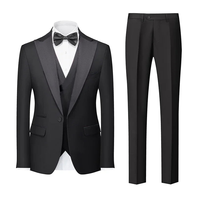  men’s tuxedo, slim fit tuxedo, men’s formal suit, black lapel tuxedo, three piece suit