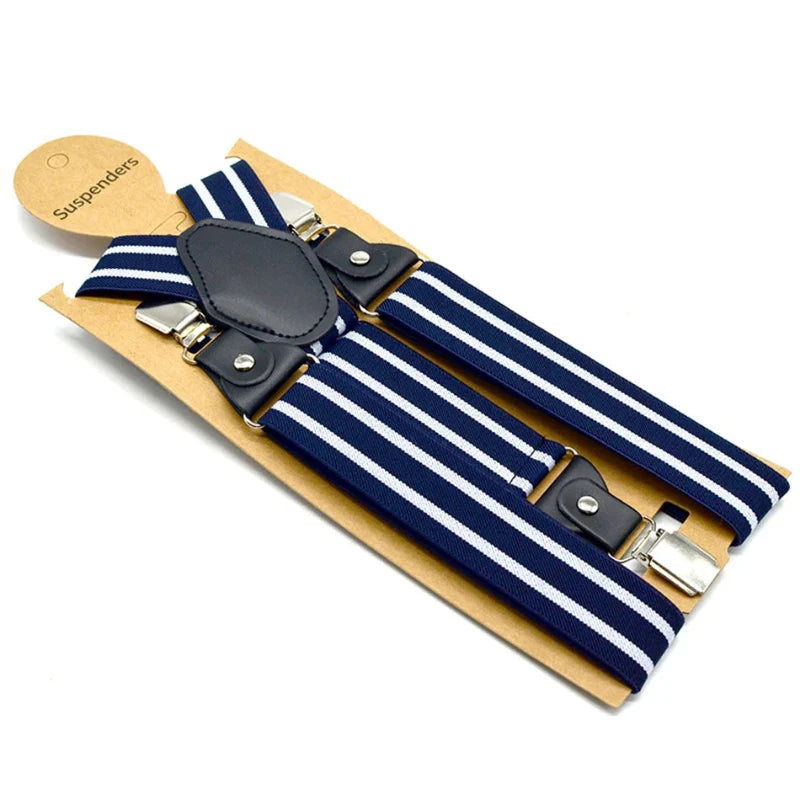 Suspenders, modern men’s suspenders, men’s suspenders, men’s striped suspenders, men’s fashion accessories, blue and white suspenders, adjustable suspenders