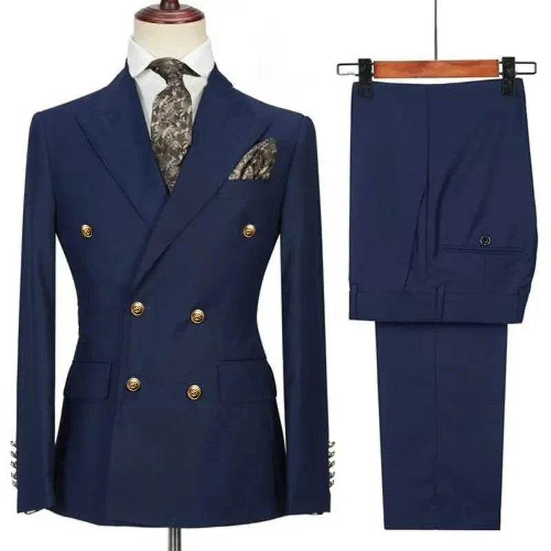 double breasted two piece suit, slim fit men’s suit, elegant men’s suit, formal two piece suit, modern men’s suit