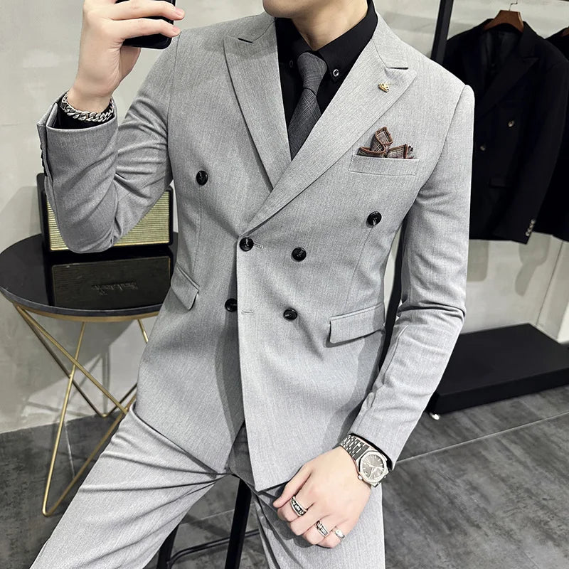 elegant double breasted suit, slim fit men’s suit, formal two piece suit, refined men’s suit, stylish men’s suit