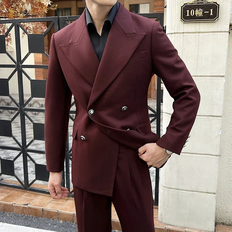 italian double breasted suit, slim fit men’s suit, elegant formal suit, premium italian suit, luxury two piece suit