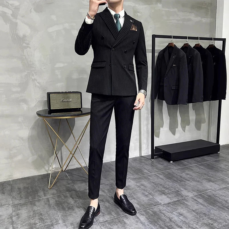 striped two piece suit, double breasted men’s suit, slim fit men’s suit, elegant formal suit, modern men’s suit