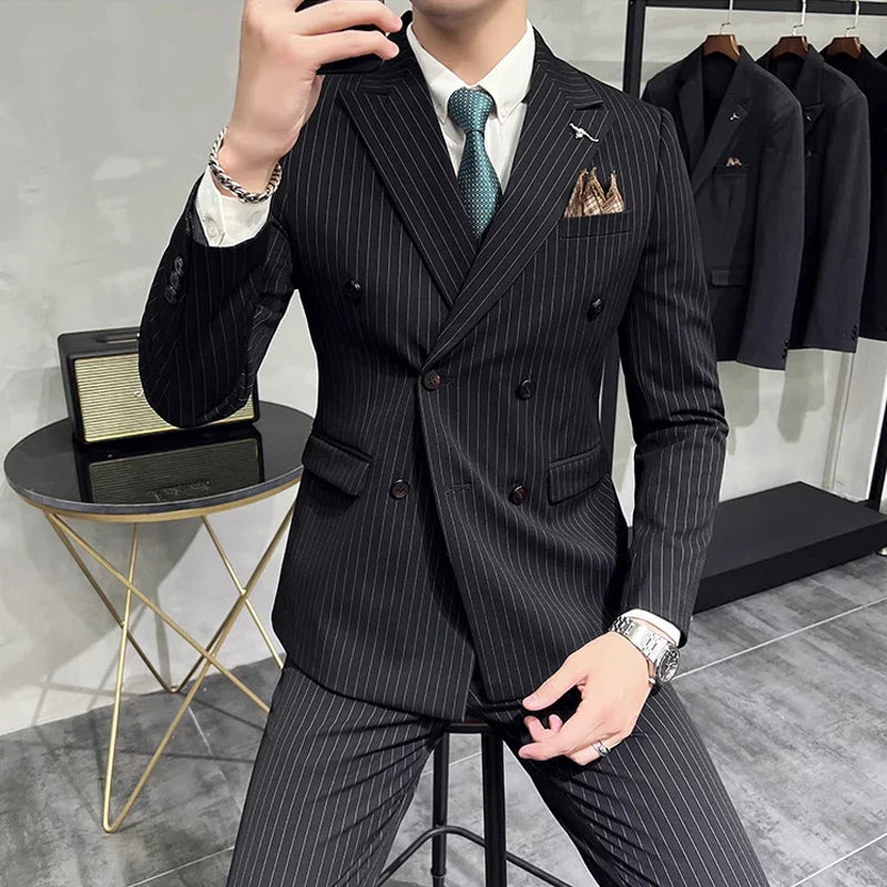 striped two piece suit, double breasted men’s suit, slim fit men’s suit, elegant formal suit, modern men’s suit