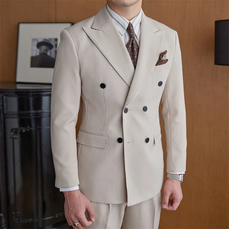 formal double breasted suit, slim fit men’s suit, elegant men’s suit, ribbed texture suit, classic formal suit