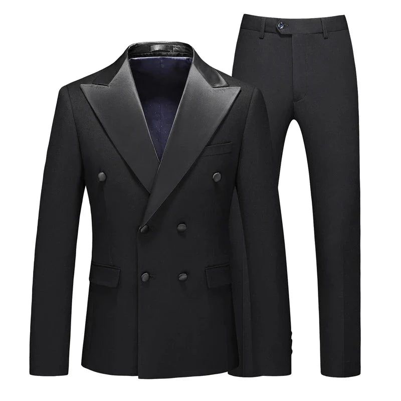 double breasted tuxedo, peak lapel tuxedo, formal men’s suit, elegant tuxedo, slim fit tuxedo