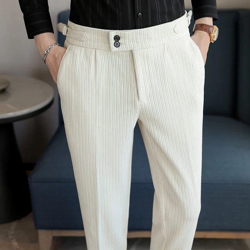 men’s ribbed tailored trousers, ribbed dress pants for men, men’s tailored pants, smart casual men’s trousers, modern tailored trousers
