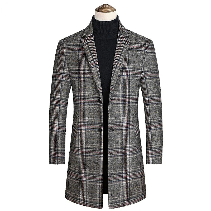 Plaid wool men’s overcoat, cashmere blend coat men, smart casual men’s coat, winter plaid overcoat men, elegant men’s outerwear