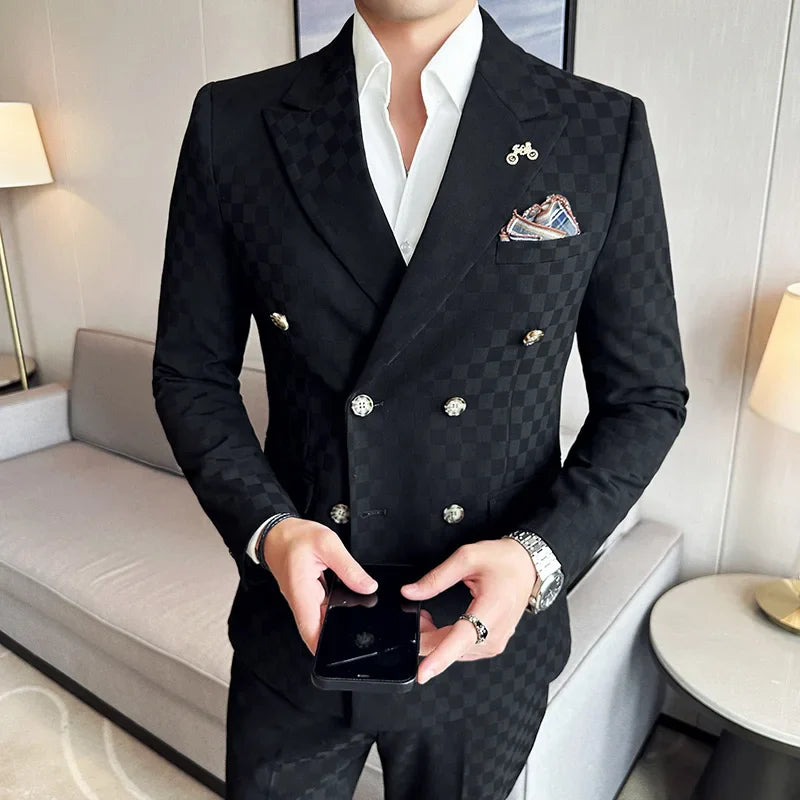 checkered two piece suit, double breasted men’s suit, slim fit men’s suit, elegant men’s suit, modern formal suit