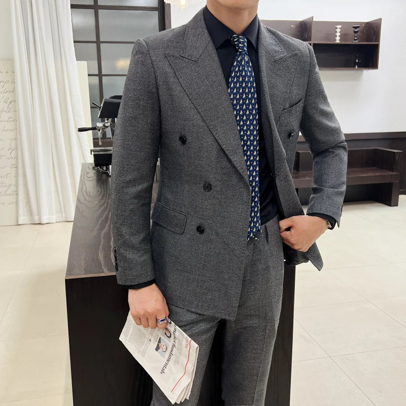 luxury slim fit suit, double breasted two piece suit, elegant men’s suit, formal slim fit suit, modern men’s suit