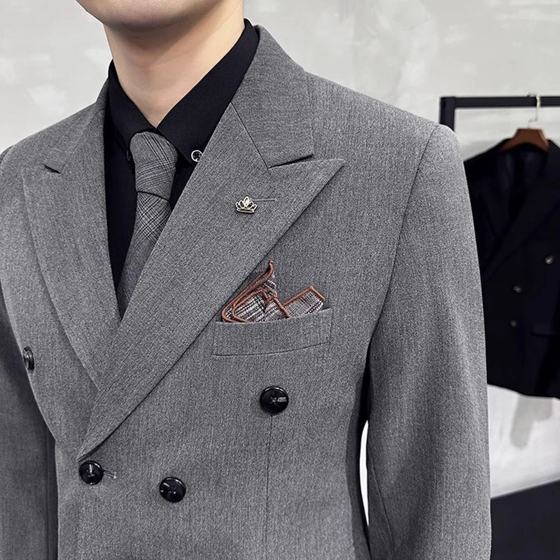 elegant double breasted suit, slim fit men’s suit, formal two piece suit, refined men’s suit, stylish men’s suit