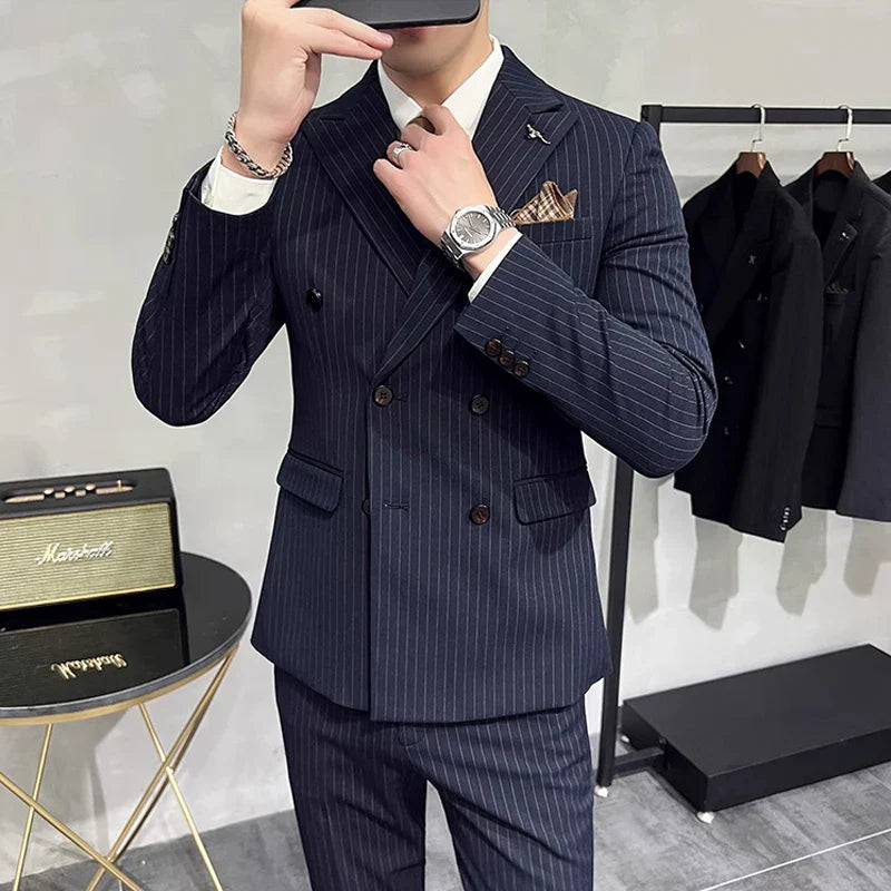 striped two piece suit, double breasted men’s suit, slim fit men’s suit, elegant formal suit, modern men’s suit