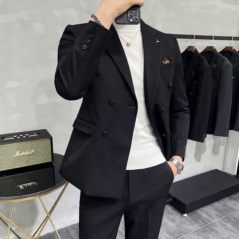 double-breasted men’s suit, solid grey suit, slim fit formal suit, elegant men’s outfit, Maximus menswear
