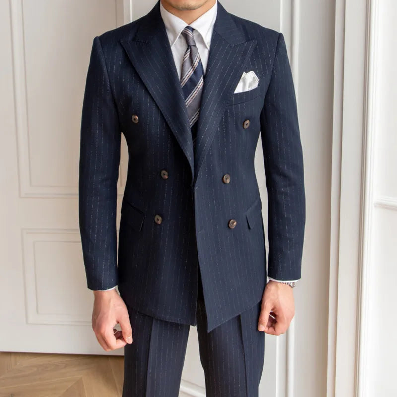 pinstripe two piece suit, double breasted men’s suit, slim fit men’s suit, elegant men’s suit, premium formal suit