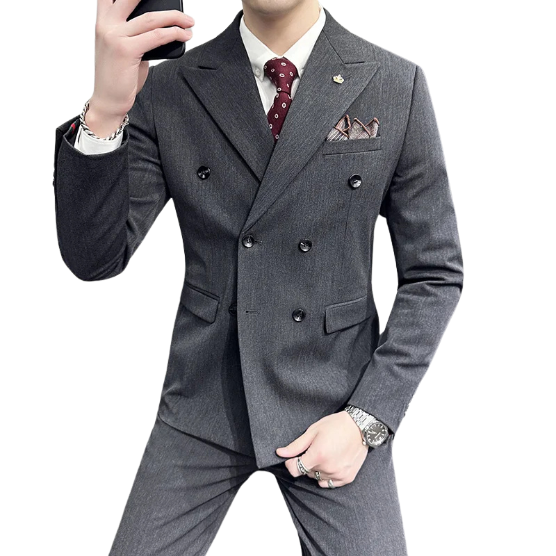 elegant double breasted suit, slim fit men’s suit, formal two piece suit, refined men’s suit, stylish men’s suit