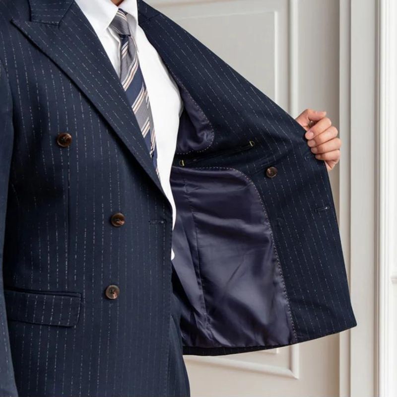 pinstripe two piece suit, double breasted men’s suit, slim fit men’s suit, elegant men’s suit, premium formal suit