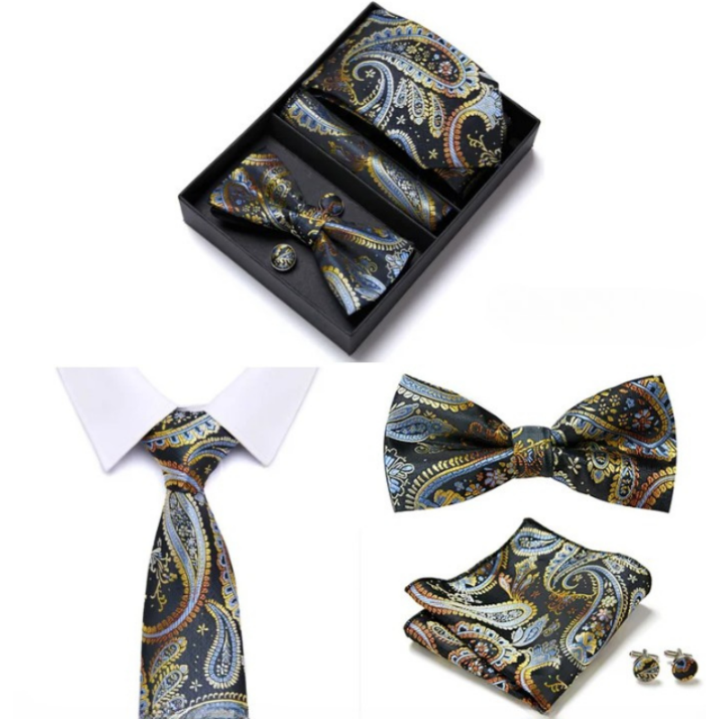 Tie Set, tie and bow tie set, silk tie set for men, Premium Tie Set, Premium Patterned Tie Set, patterned tie set, Patterned Tie, men’s premium accessory set, men’s patterned tie set, maximus men accessories, formal men gift box