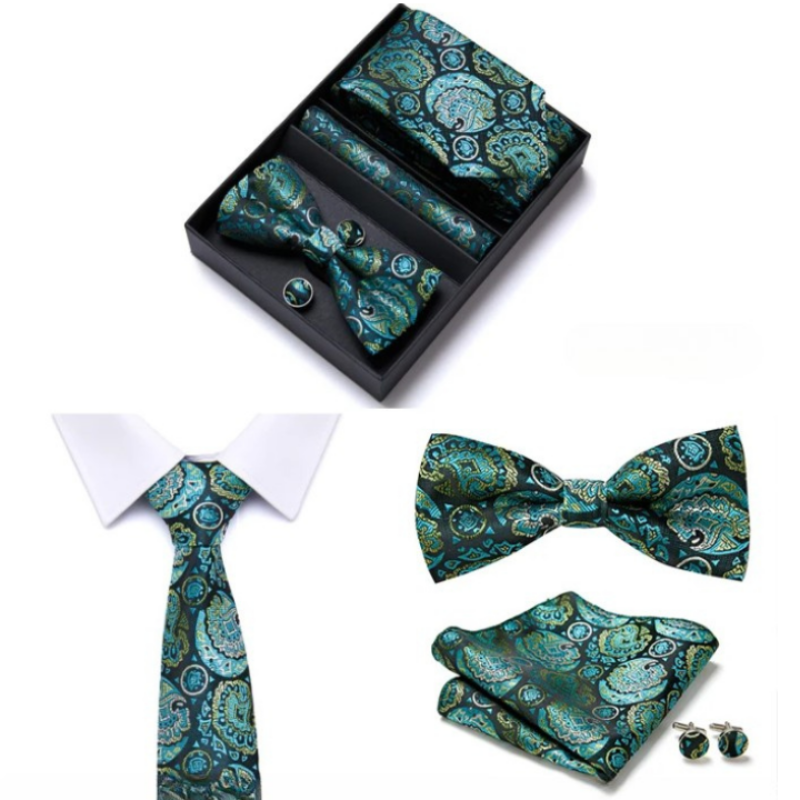 Tie Set, tie and bow tie set, silk tie set for men, Premium Tie Set, Premium Patterned Tie Set, patterned tie set, Patterned Tie, men’s premium accessory set, men’s patterned tie set, maximus men accessories, formal men gift box