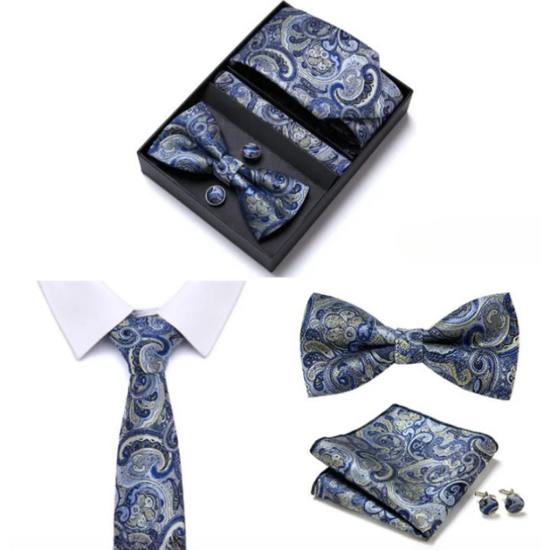 Tie Set, tie and bow tie set, silk tie set for men, Premium Tie Set, Premium Patterned Tie Set, patterned tie set, Patterned Tie, men’s premium accessory set, men’s patterned tie set, maximus men accessories, formal men gift box